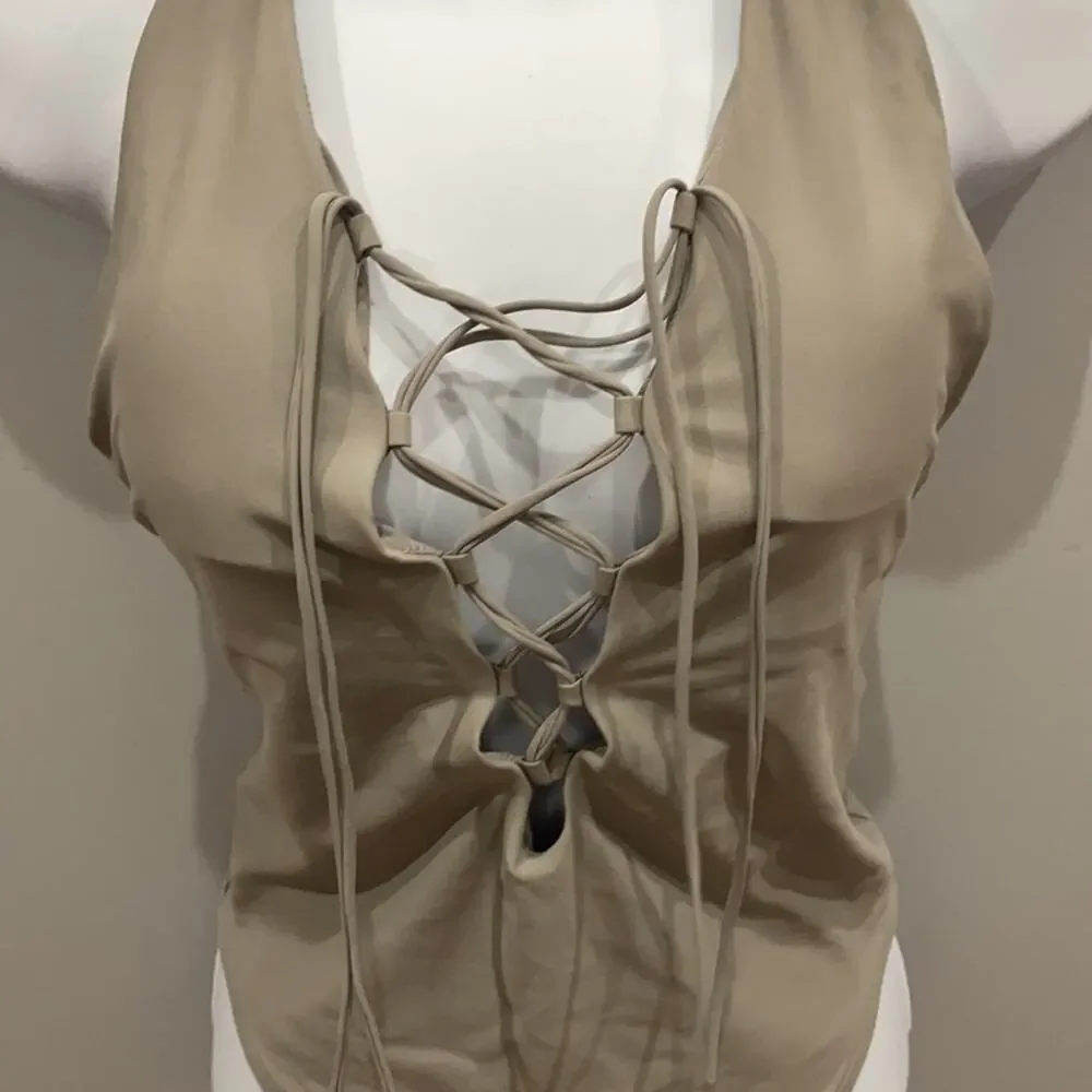 AERIE Gray Strappy One Piece Halter Swimwear NWOT